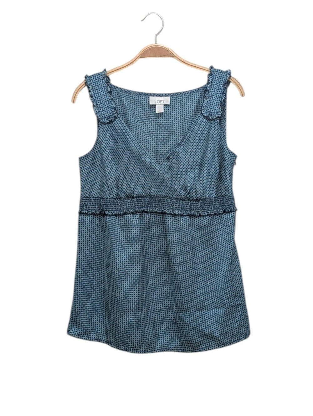 Ann Taylor LOFT Y2K Satin Geometric Blouse Blue Smocked Empire Waist 4